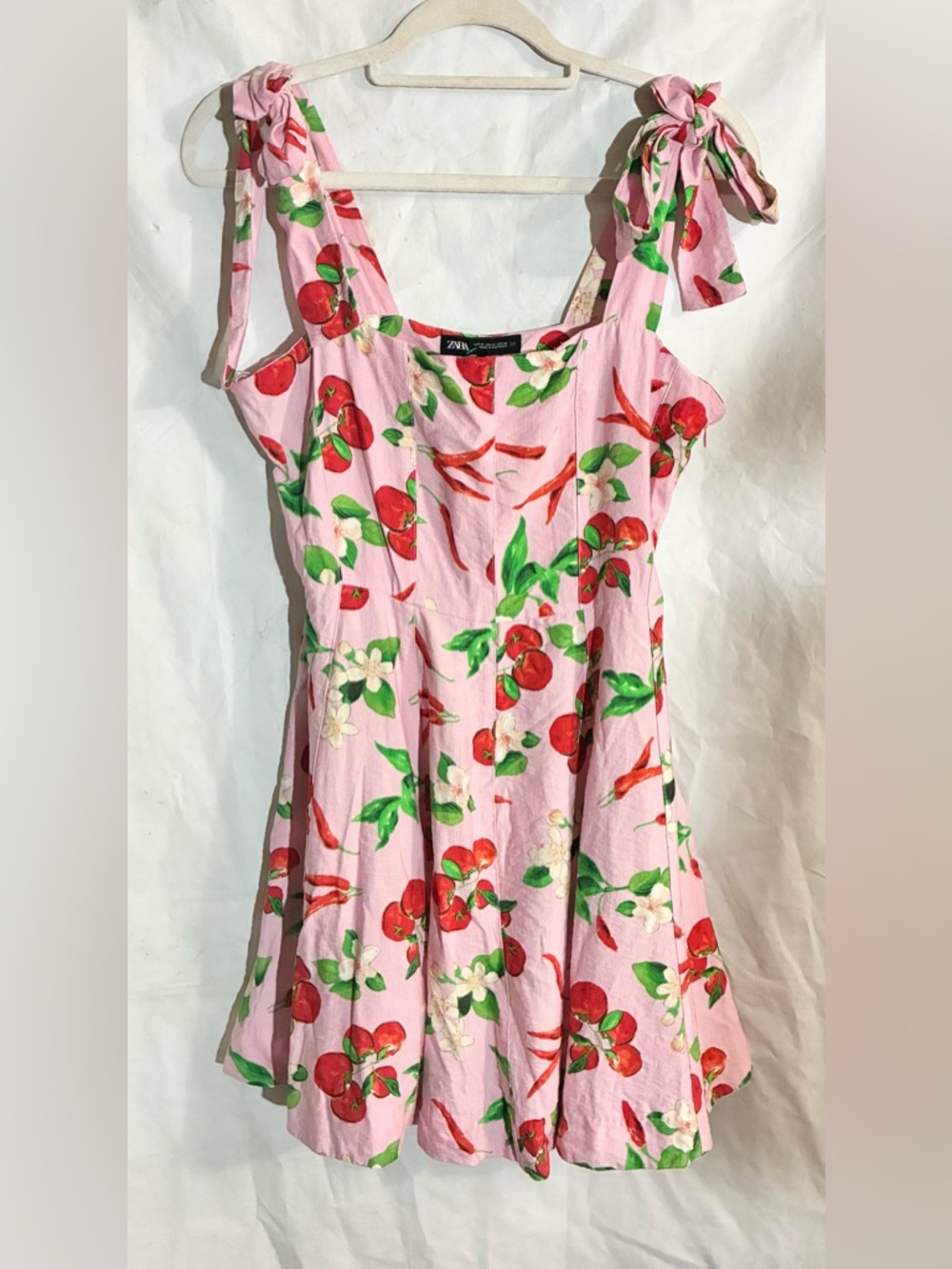 Zara Pink Cherries Dress Sz M Strappy Bows Novelty Mini Party Festival